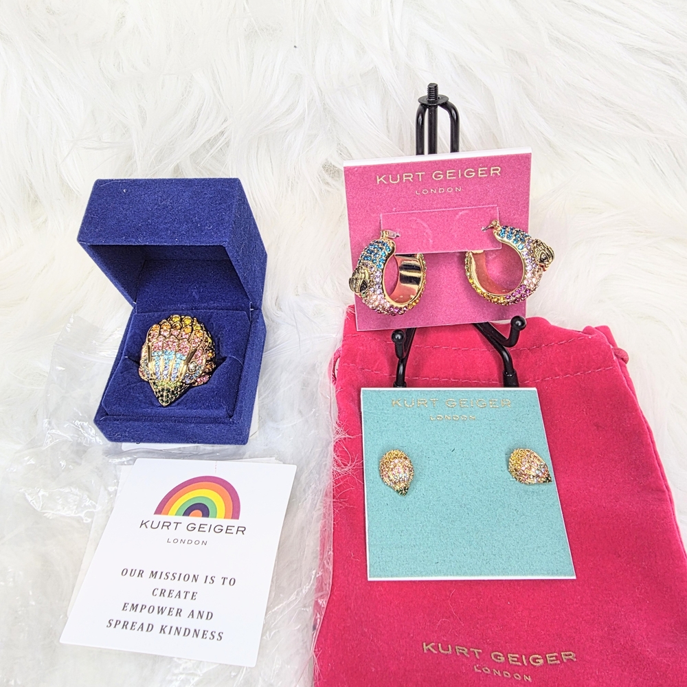 Kurt Geiger 3 Pcs Multicolor Eagle Hoop & Stud Earrings and Ring Set Size 8 NWT